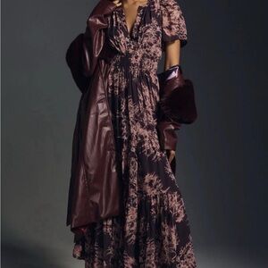 $178 Anthropologie The Somerset Chiffon Maxi Dress Maroon Multi Size XS